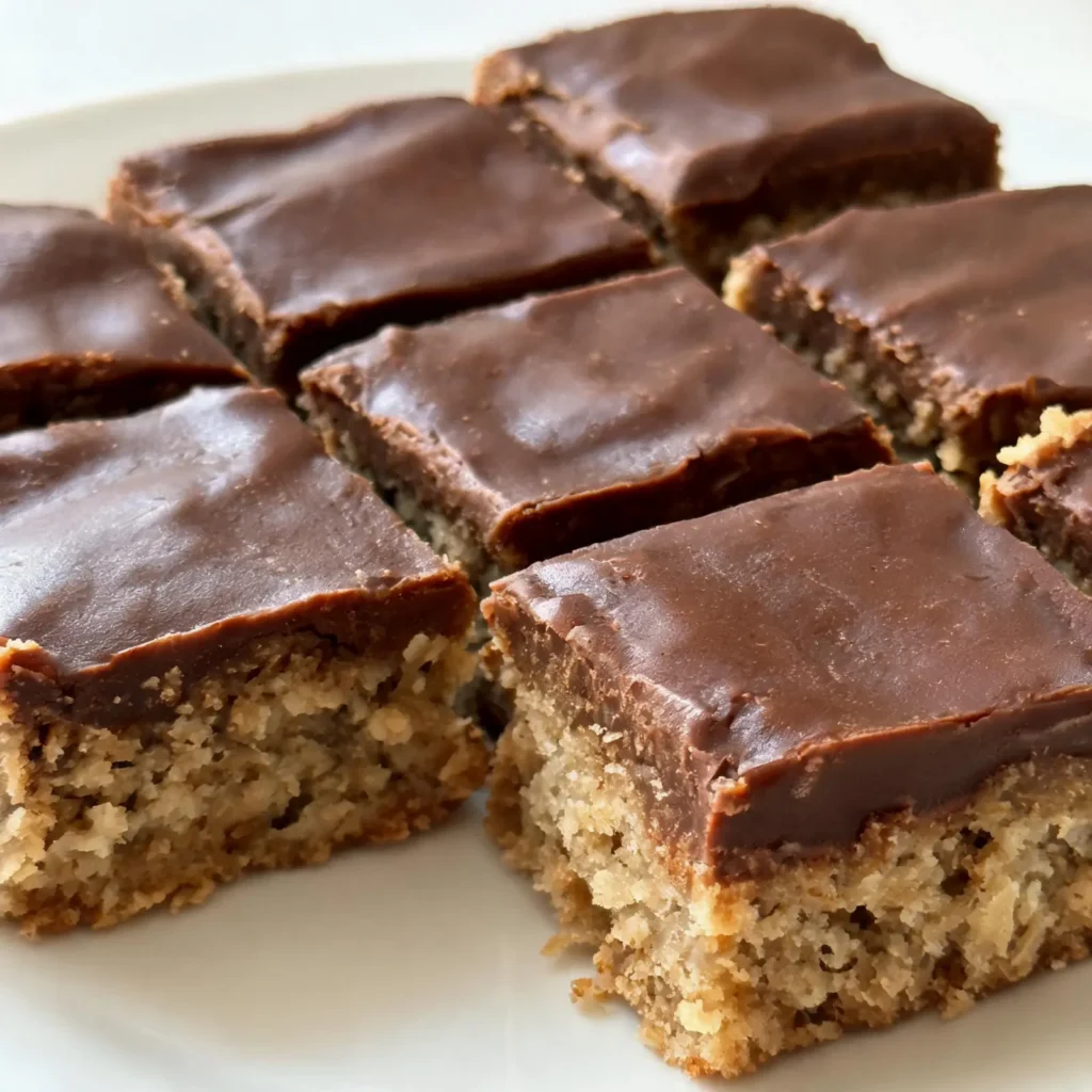 Stacked brown butter tahini chocolate bars with glossy chocolate topping and sprinkle of sea salt