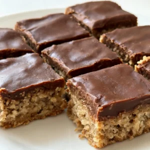 Stacked brown butter tahini chocolate bars with glossy chocolate topping and sprinkle of sea salt