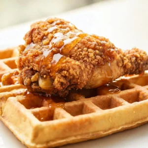 Plated maple sage chicken and waffles with sage leaves and maple syrup drizzle