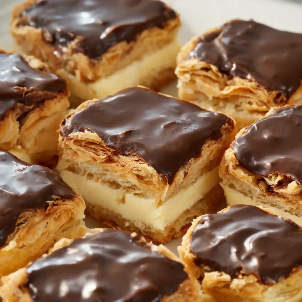 Golden puff pastry squares topped with chocolate glaze and vanilla cream filling