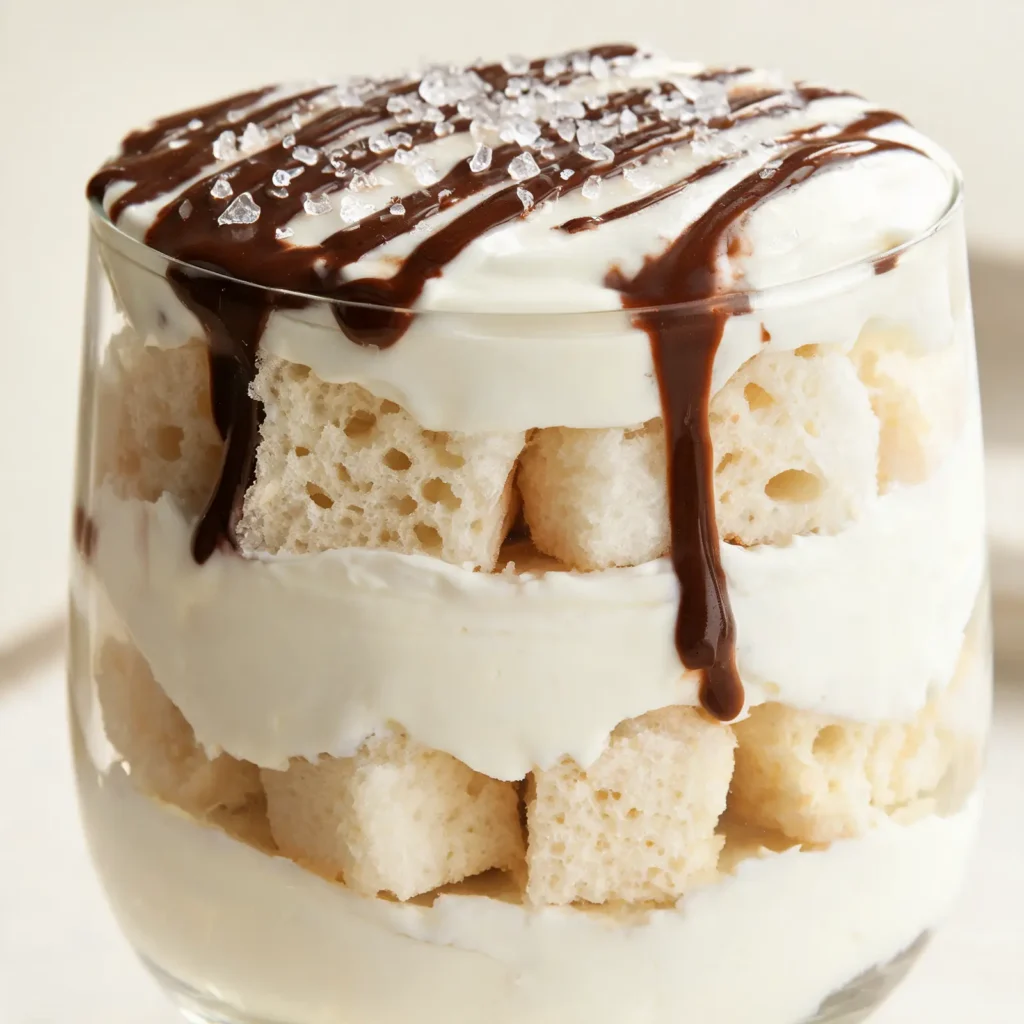 A glass parfait layered with vanilla yogurt, pastry cream, and chocolate ganache, topped with a chocolate drizzle