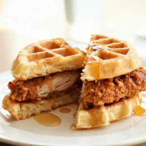 Finished easy chicken and waffle breakfast sandwiches on a plate with syrup drizzle