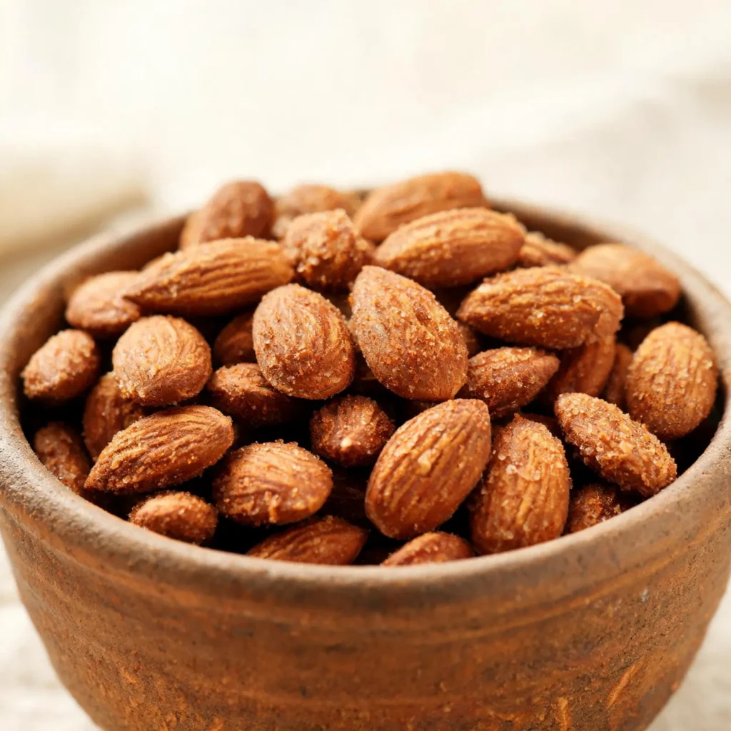 A bowl of easy classic cinnamon roasted almonds dusted with cinnamon sugar
