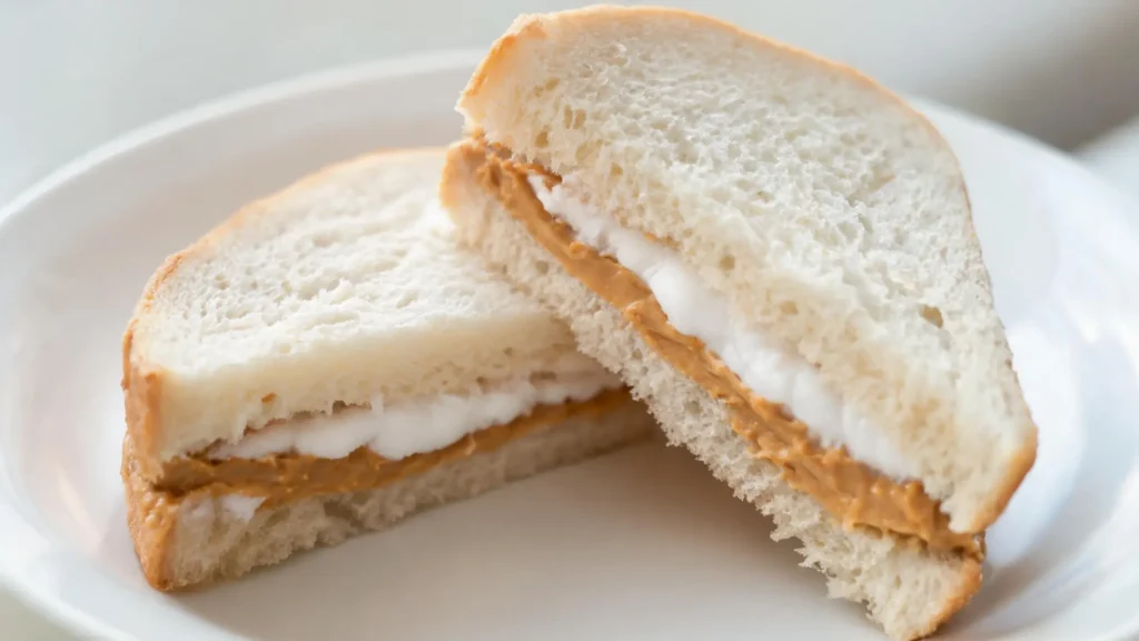 A classic fluffernutter sandwich on a plate, showing layers of peanut butter and marshmallow fluff between two slices of bread.