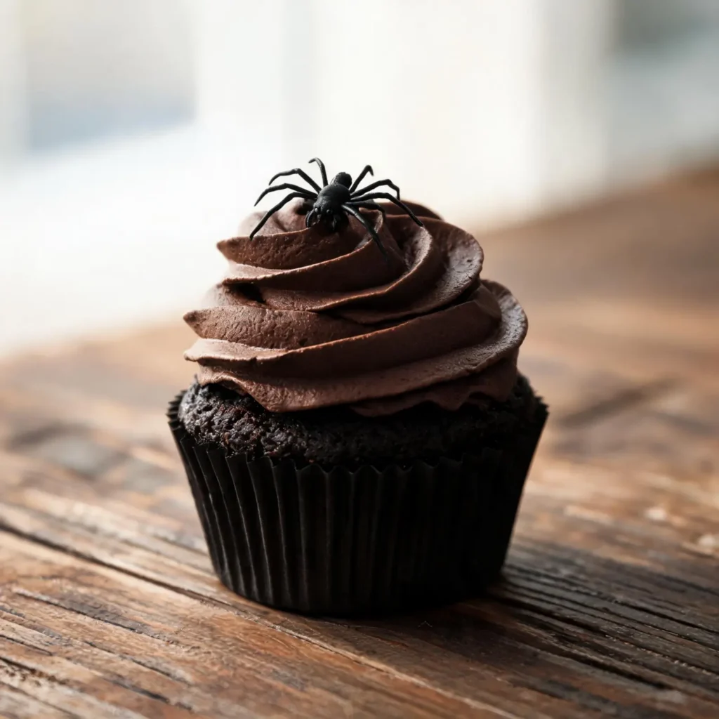 Plate of black cocoa Halloween cupcakes with dark frosting and spooky decorations