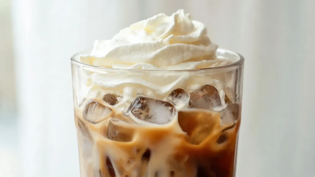 A tall glass of iced vanilla coffee frappe topped with whipped cream and a straw