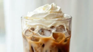 A tall glass of iced vanilla coffee frappe topped with whipped cream and a straw