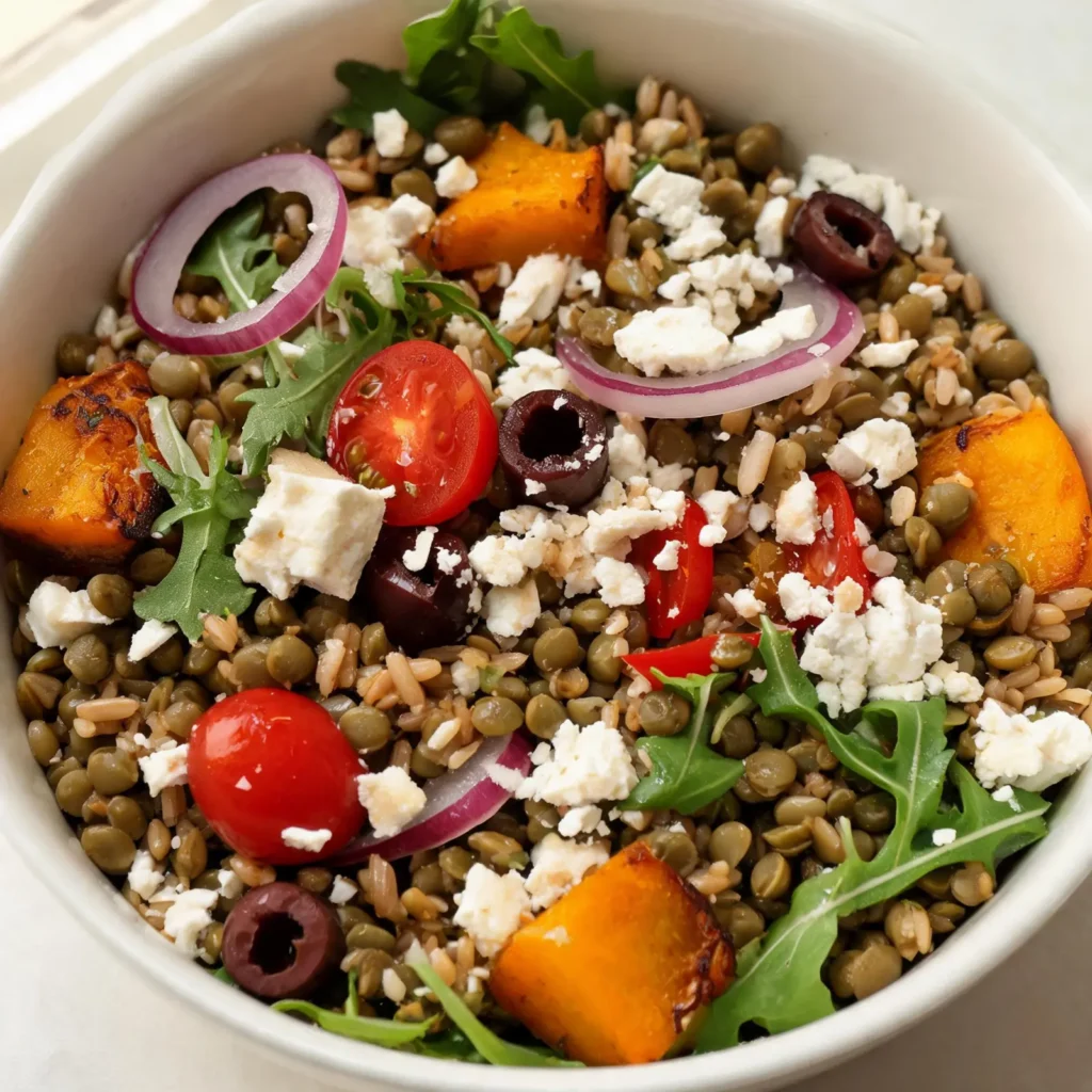 A bowl of Mediterranean lentil grain bowl with roasted vegetables and herbs