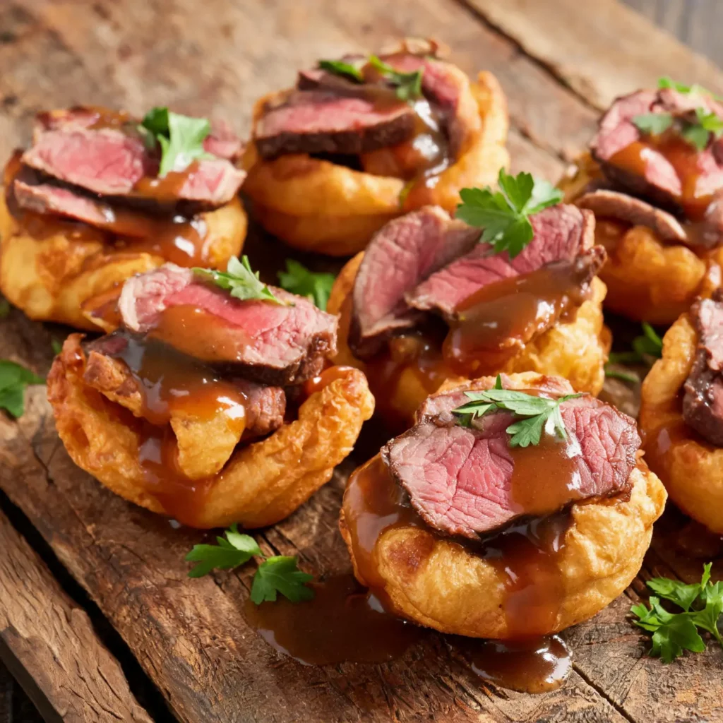 Golden mini Yorkshire puddings topped with roast beef and gravy on a wooden board