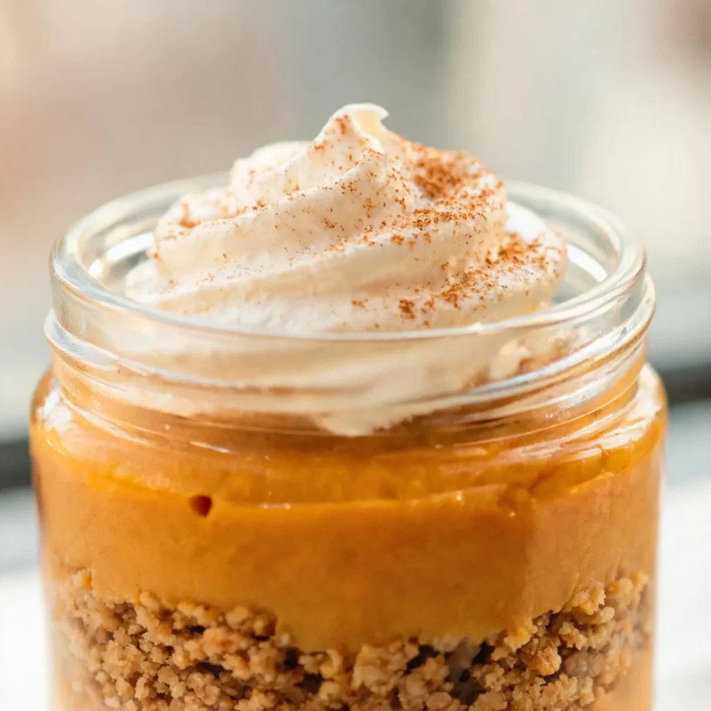 A jar of no-bake pumpkin cheesecake with graham cracker crust and whipped cream topping
