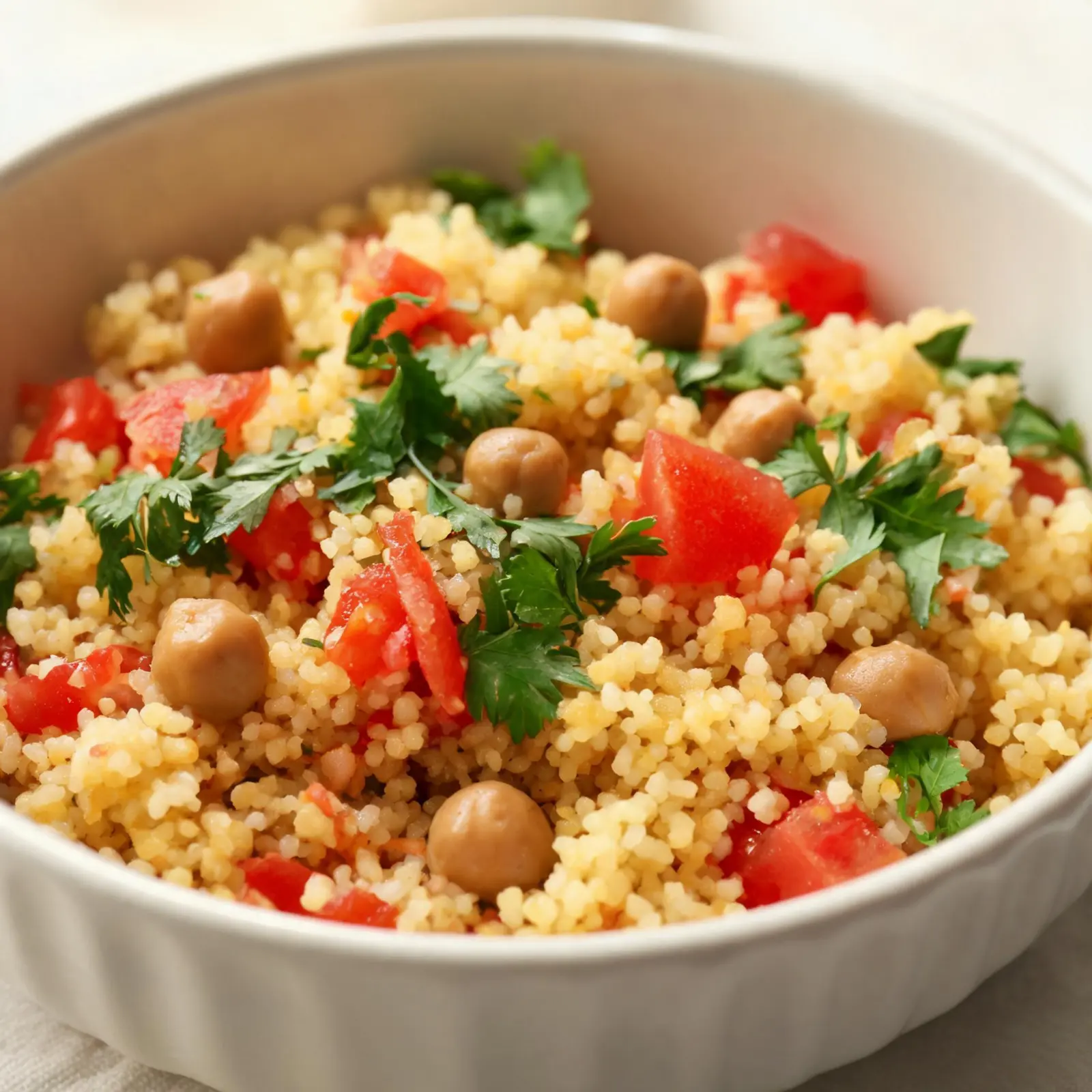 A bowl of tomato chickpea couscous with fresh herbs on top
