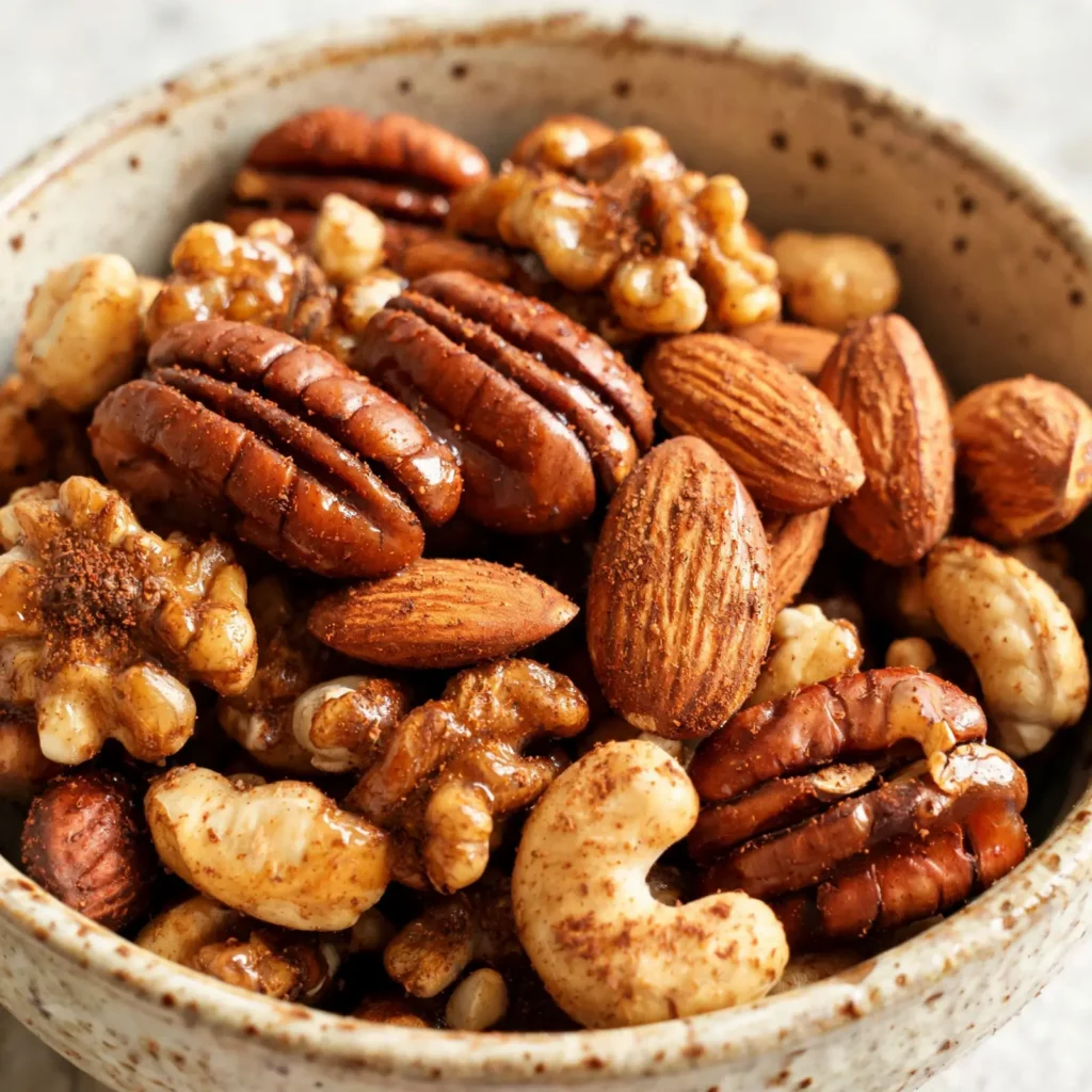 A bowl of roasted maple cinnamon mixed nuts on a wooden table
