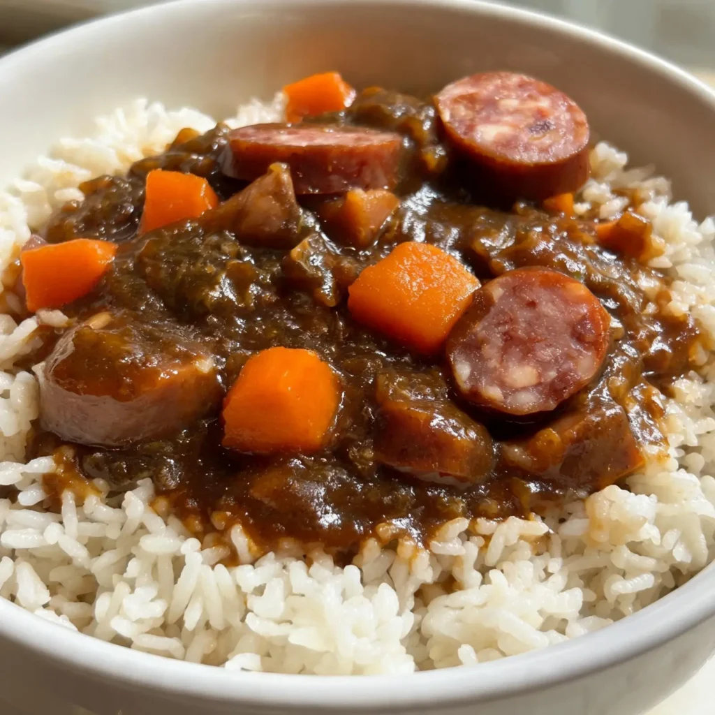 Bowl of easy sweet potato and smoked sausage gumbo with tender sweet potato chunks and sliced smoked sausage in rich broth