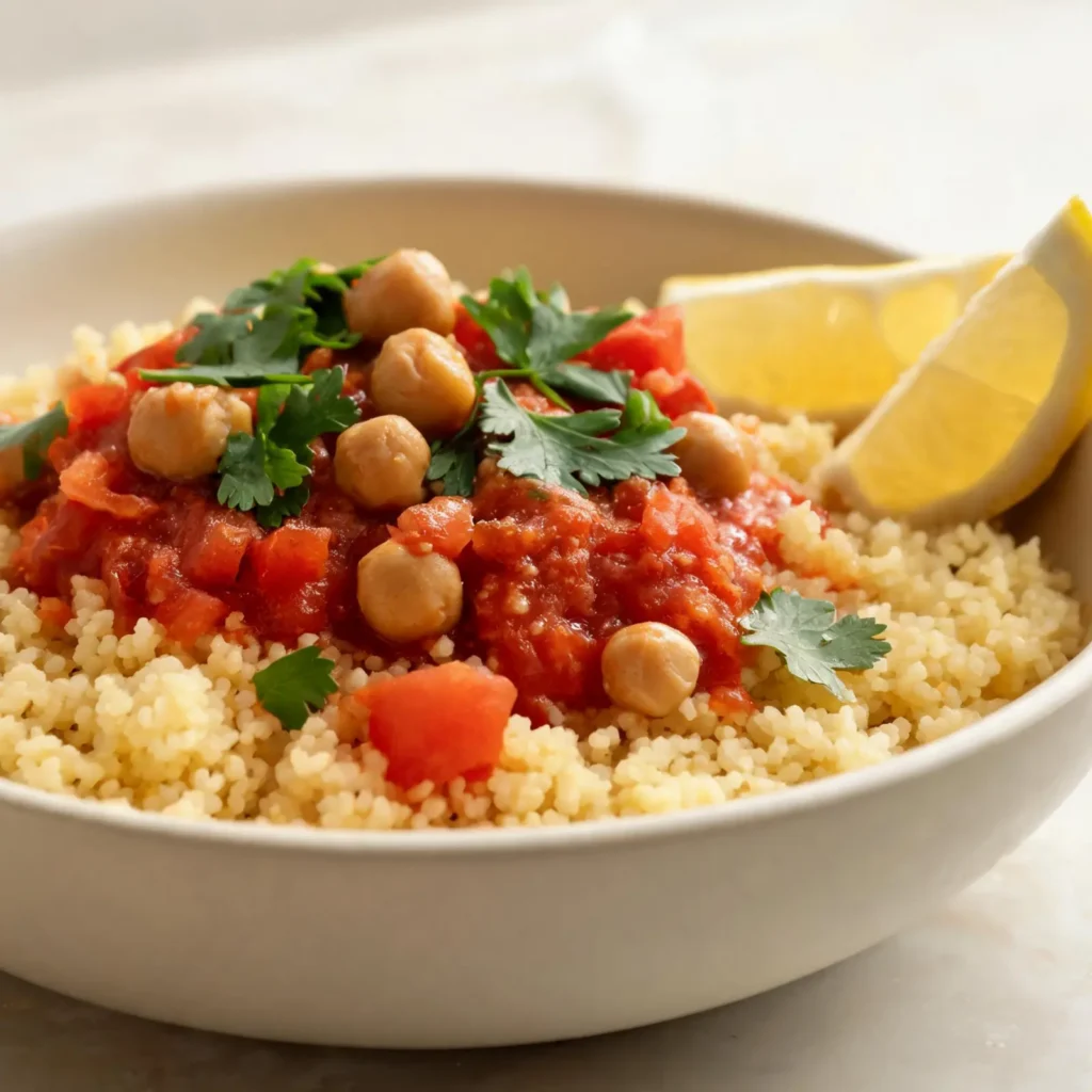 A bowl of tomato chickpea couscous, garnished with parsley