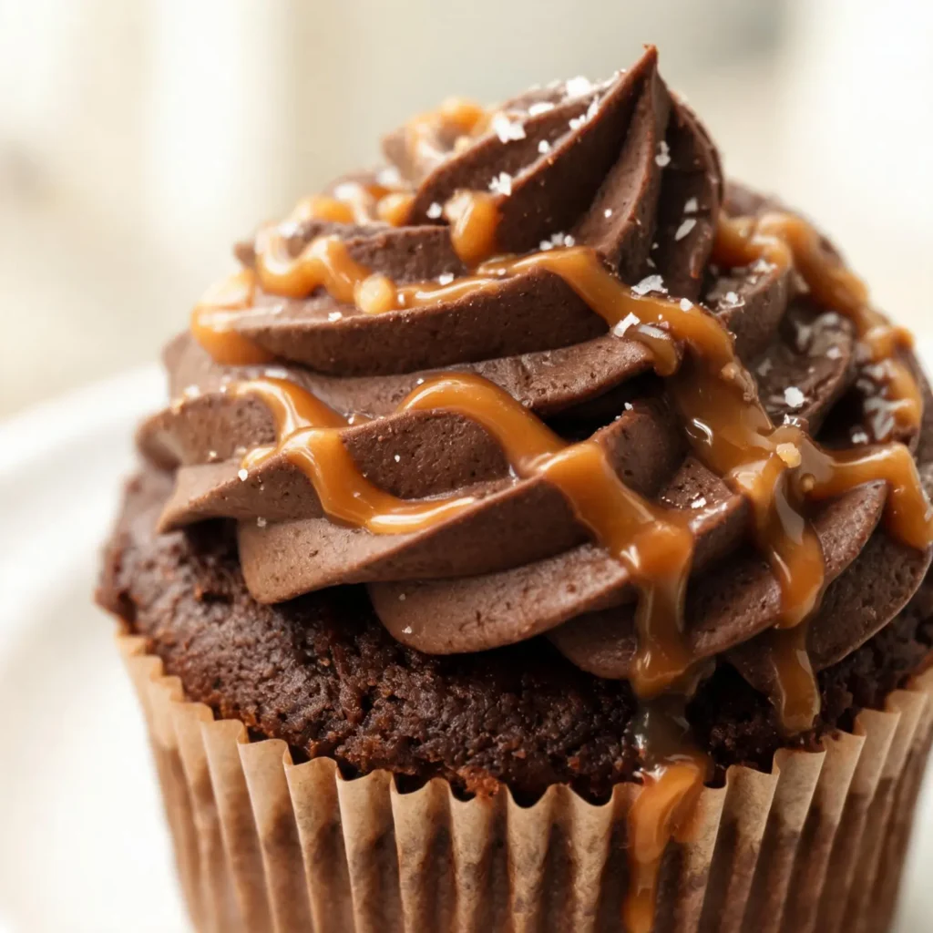 Espresso chocolate cupcakes topped with salted caramel sauce and a drizzle of espresso ganache on a serving plate