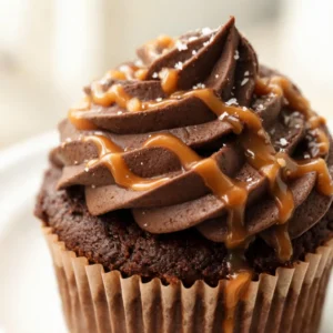 Espresso chocolate cupcakes topped with salted caramel sauce and a drizzle of espresso ganache on a serving plate