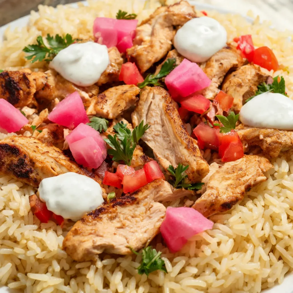 A large serving platter piled high with seasoned chicken shawarma, turmeric rice, and fresh vegetables, garnished with parsley and lemon wedges.