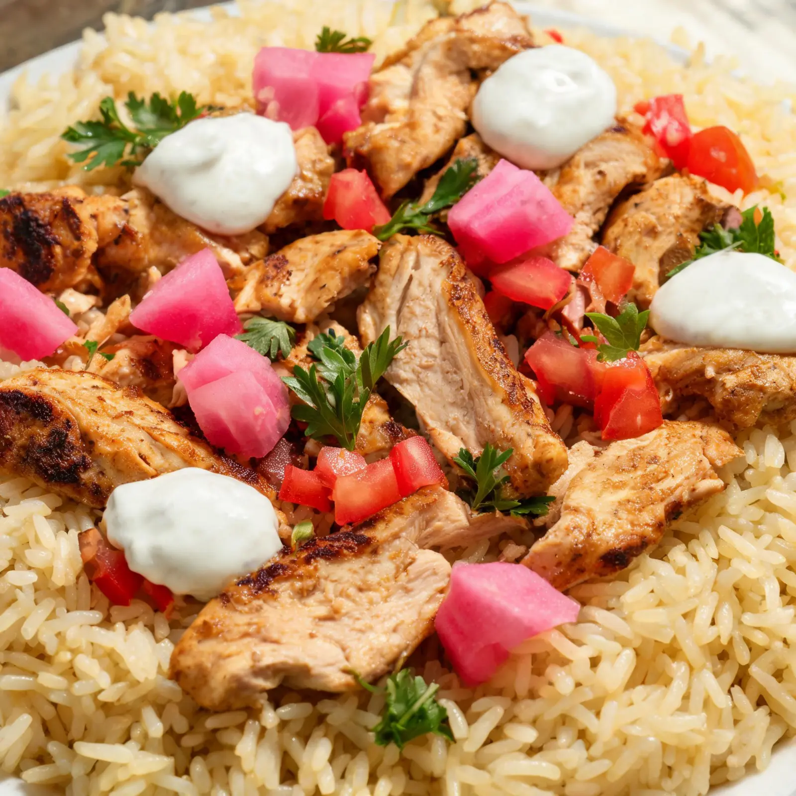 A large serving platter piled high with seasoned chicken shawarma, turmeric rice, and fresh vegetables, garnished with parsley and lemon wedges.