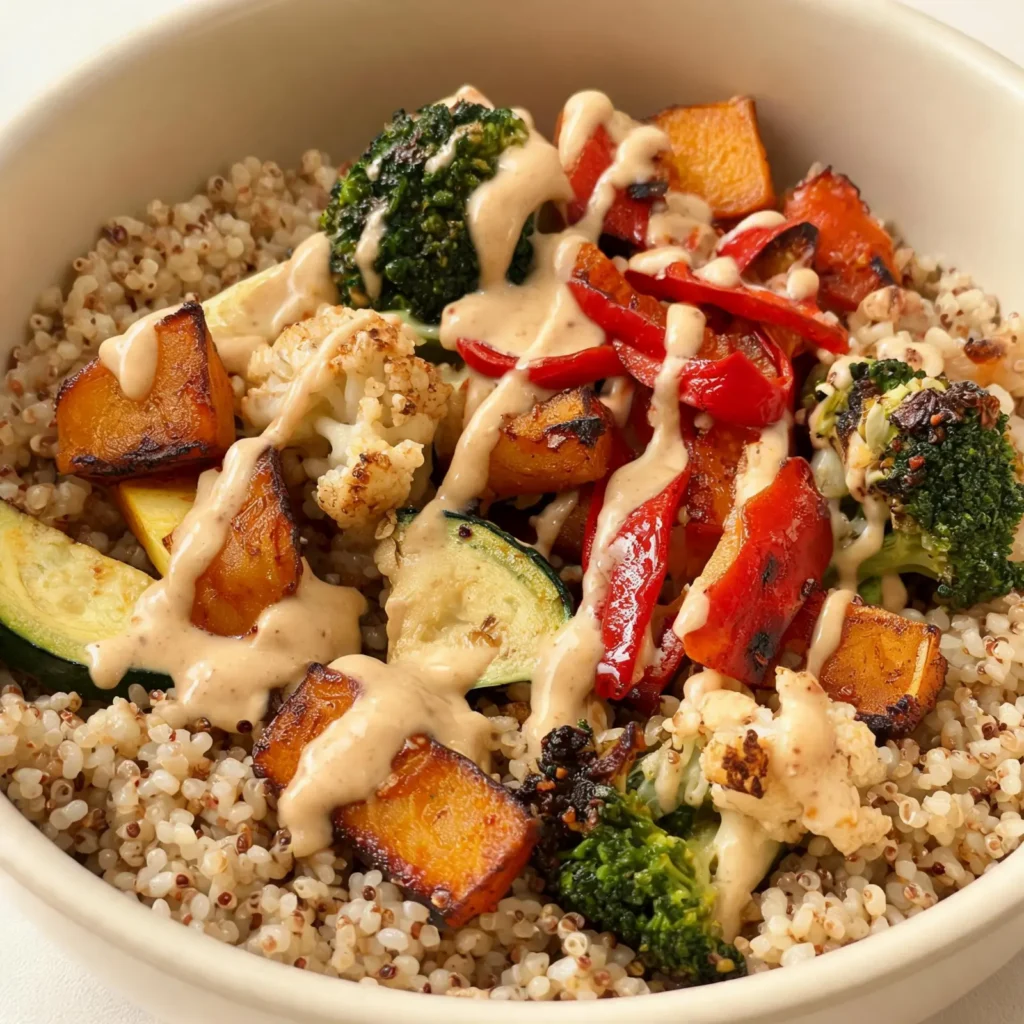 A beautifully arranged bowl filled with roasted vegetables glazed in miso tahini sauce, served over grains and garnished with sesame seeds and herbs.