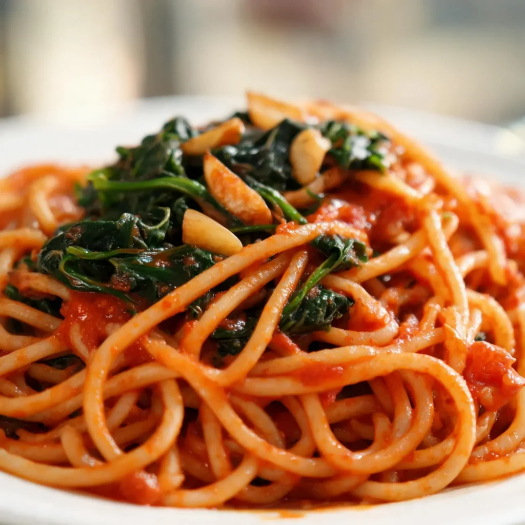 A plate of garlic tomato spinach pasta with cherry tomatoes and spinach
