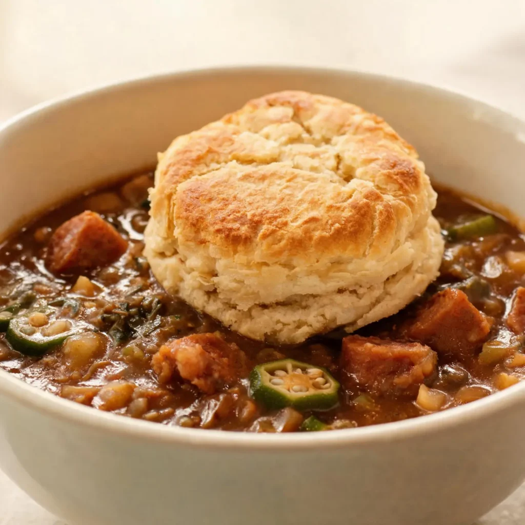 Home Gumbo Pot Pie Bowls topped with flaky Cajun biscuits, served in individual bowls with a creamy roux-based filling
