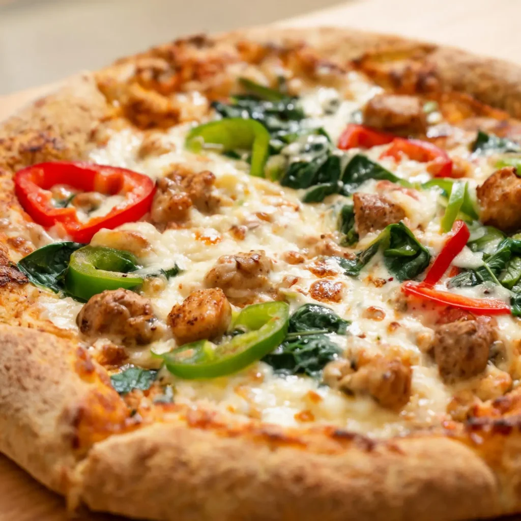 A delicious healthy chicken sausage veggie pizza on a baking sheet