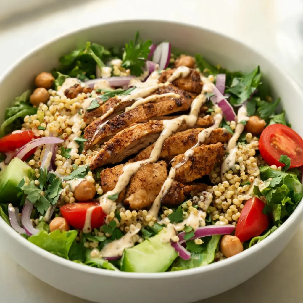 A vibrant chicken shawarma salad bowl filled with fresh vegetables, grilled chicken, and dressing