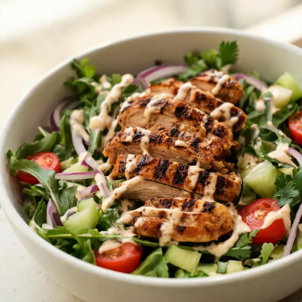 Healthy Chicken Shawarma Salad Bowl with grilled chicken, fresh vegetables, and tahini dressing