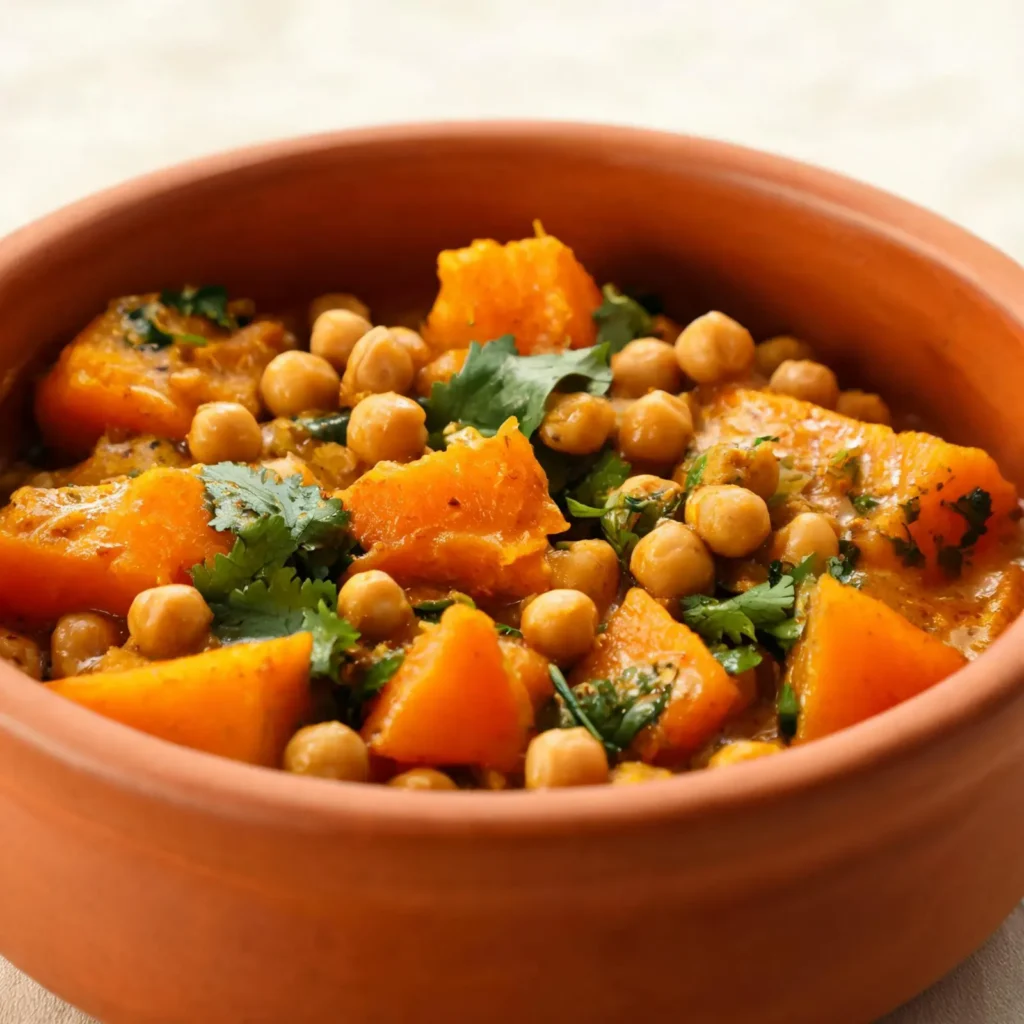A colorful bowl of Moroccan tagine with pumpkin and chickpeas