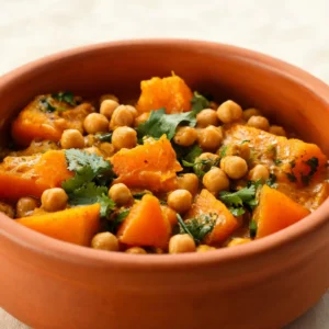 A colorful bowl of Moroccan tagine with pumpkin and chickpeas