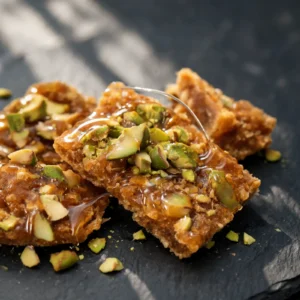 A clear view of the finished Hot Honey Pistachio Crunch dish, featuring roasted pistachios in a golden hot honey glaze, topped with sea salt and chili flakes on a dark plate.