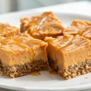 A stack of pumpkin maple cheesecake bars on a wooden board, dusted with cinnamon and garnished with a maple leaf.
