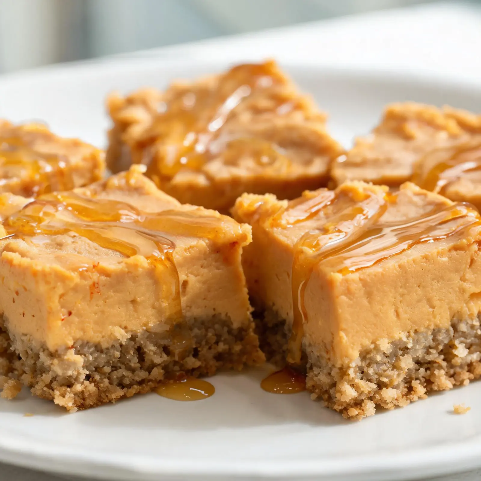 A stack of pumpkin maple cheesecake bars on a wooden board, dusted with cinnamon and garnished with a maple leaf.