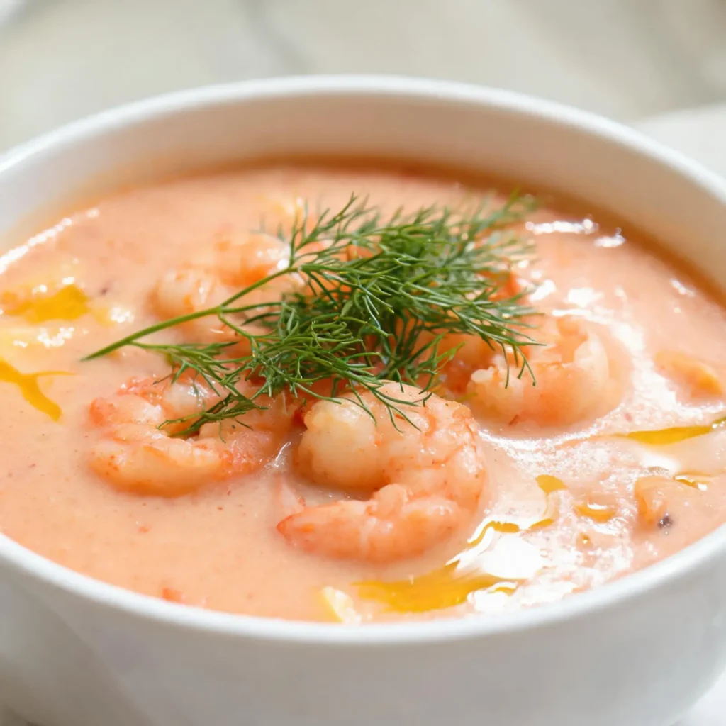 A bowl of light tomato seafood bisque garnished with fresh herbs and a drizzle of cream