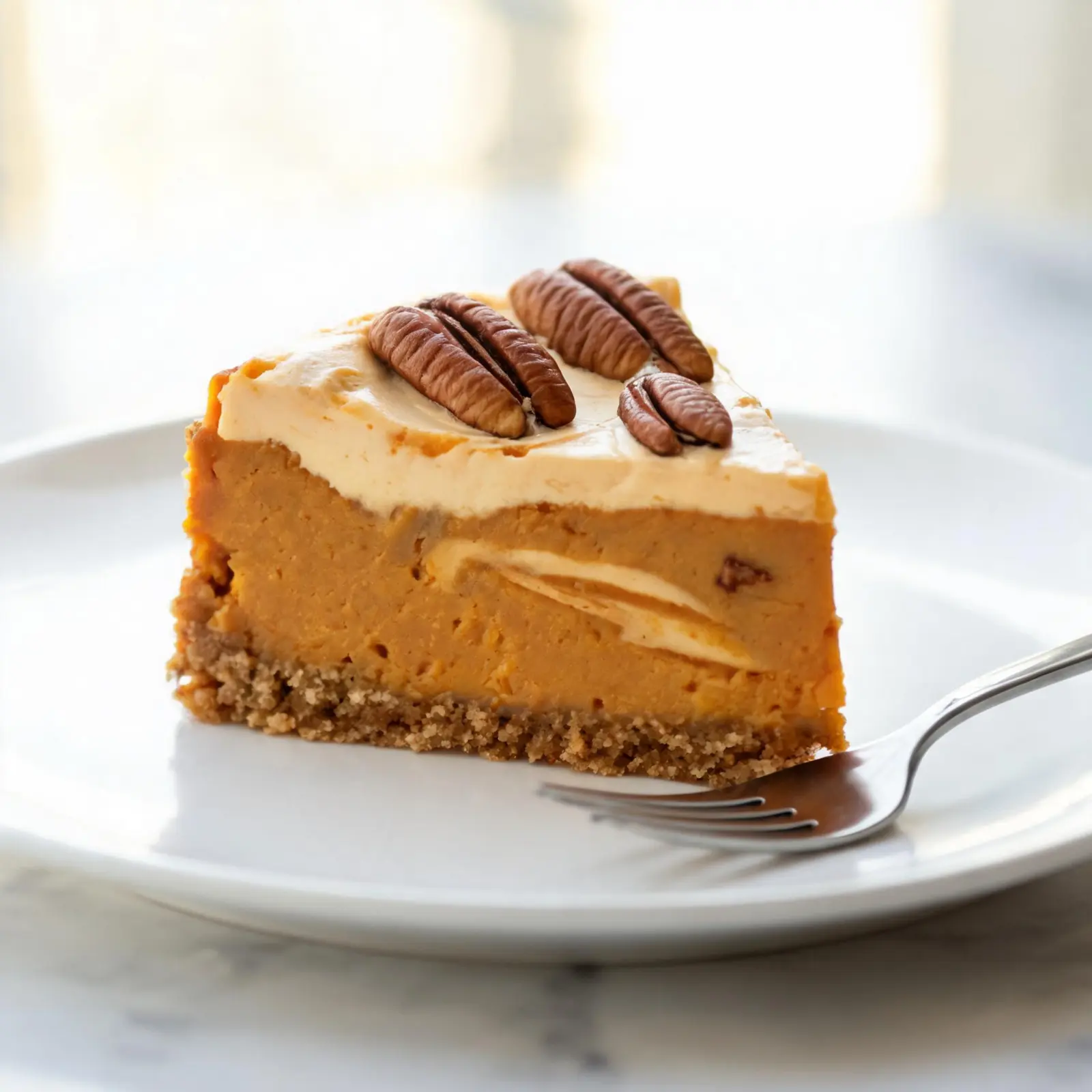 Maple Pecan Pumpkin Cheesecake finished with pecans and maple drizzle