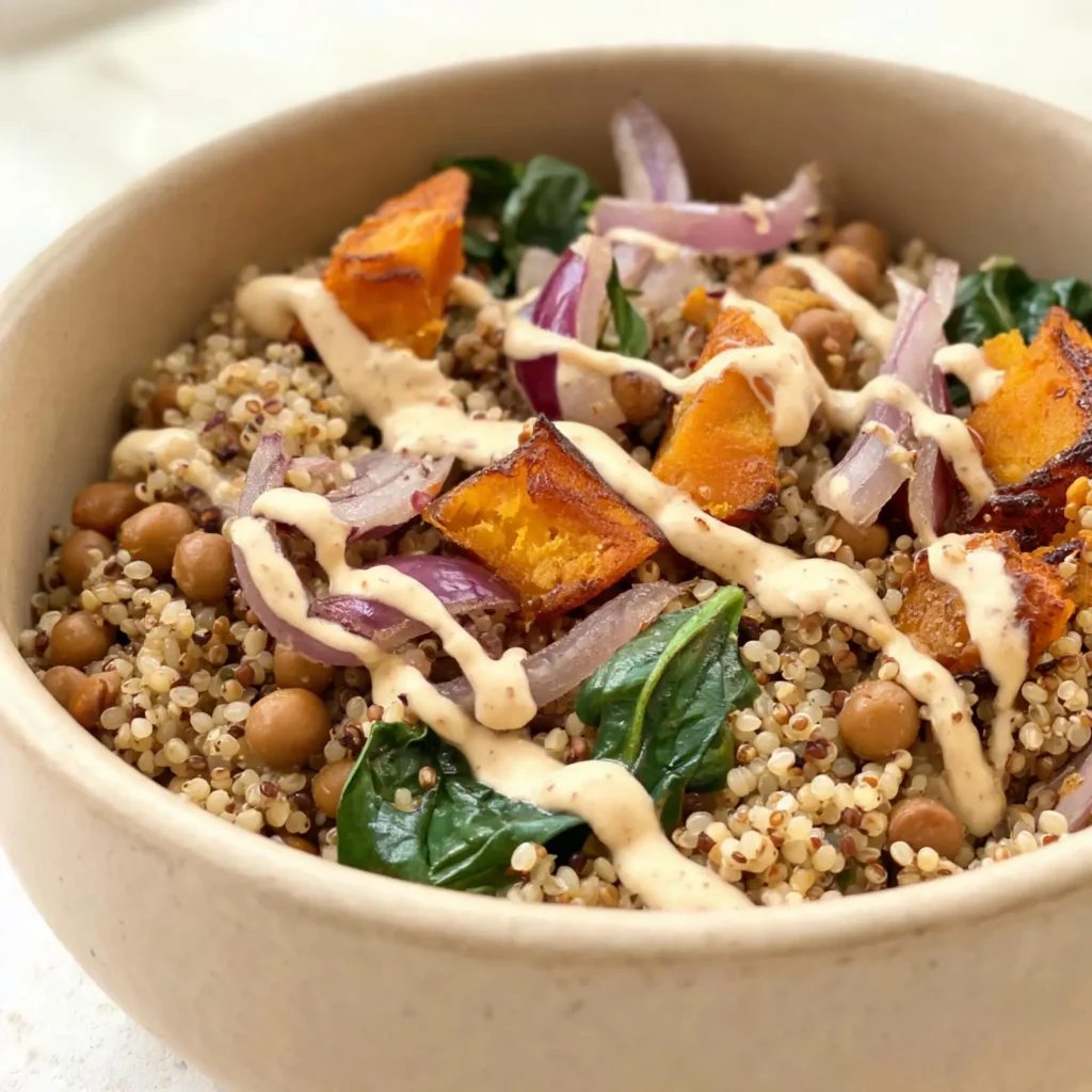 A colorful Mediterranean lentil grain bowl with roasted vegetables and greens on a wooden table