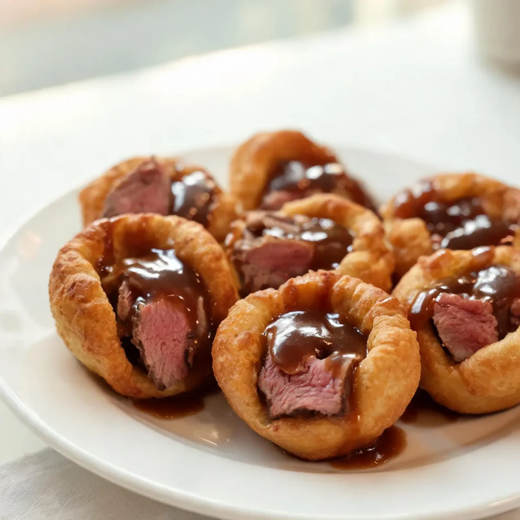 Mini Yorkshire pudding bites topped with roast beef slices and fresh herbs on a wooden board