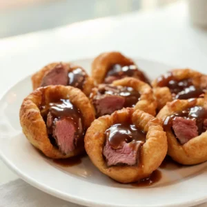 Mini Yorkshire pudding bites topped with roast beef slices and fresh herbs on a wooden board