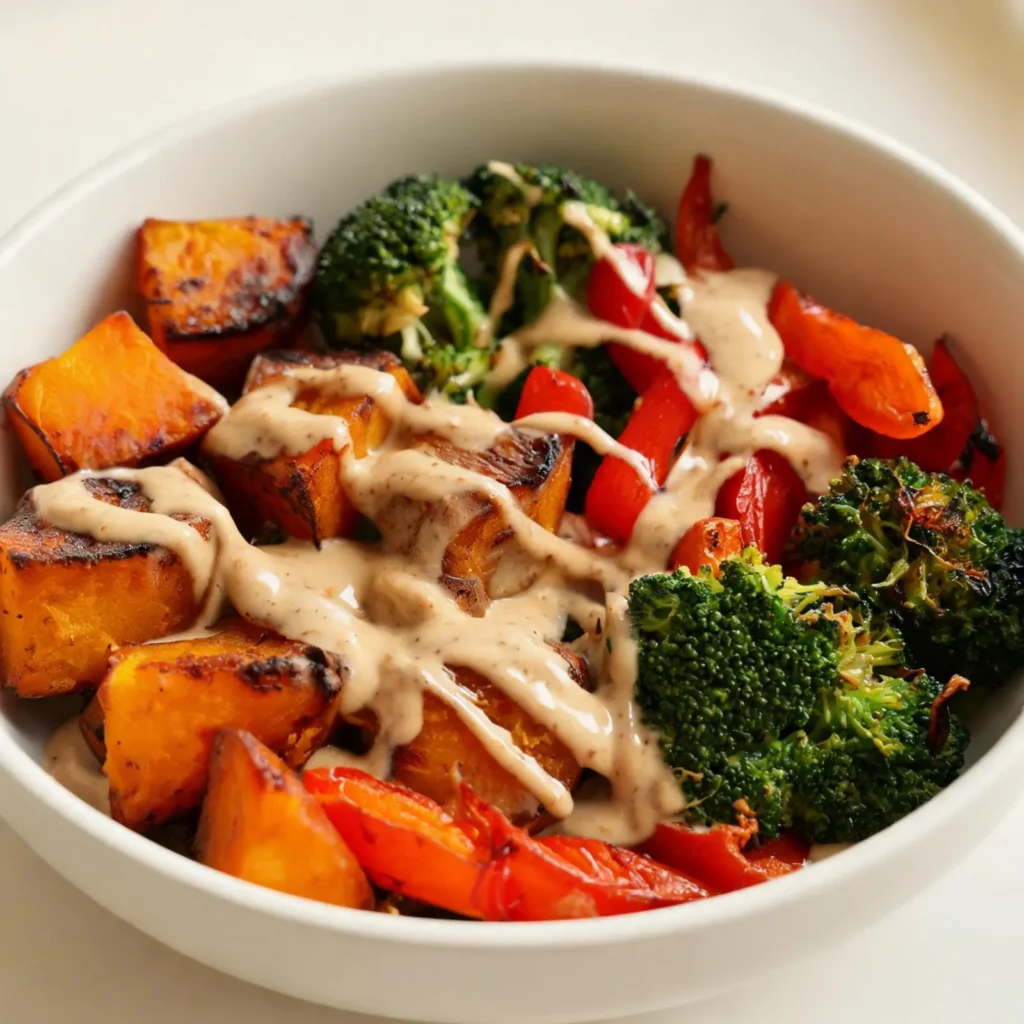A vibrant bowl filled with roasted vegetables, drizzled with miso tahini dressing, garnished with sesame seeds and microgreens