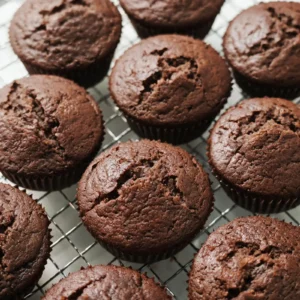 Moist one-bowl chocolate cupcakes on a cooling rack