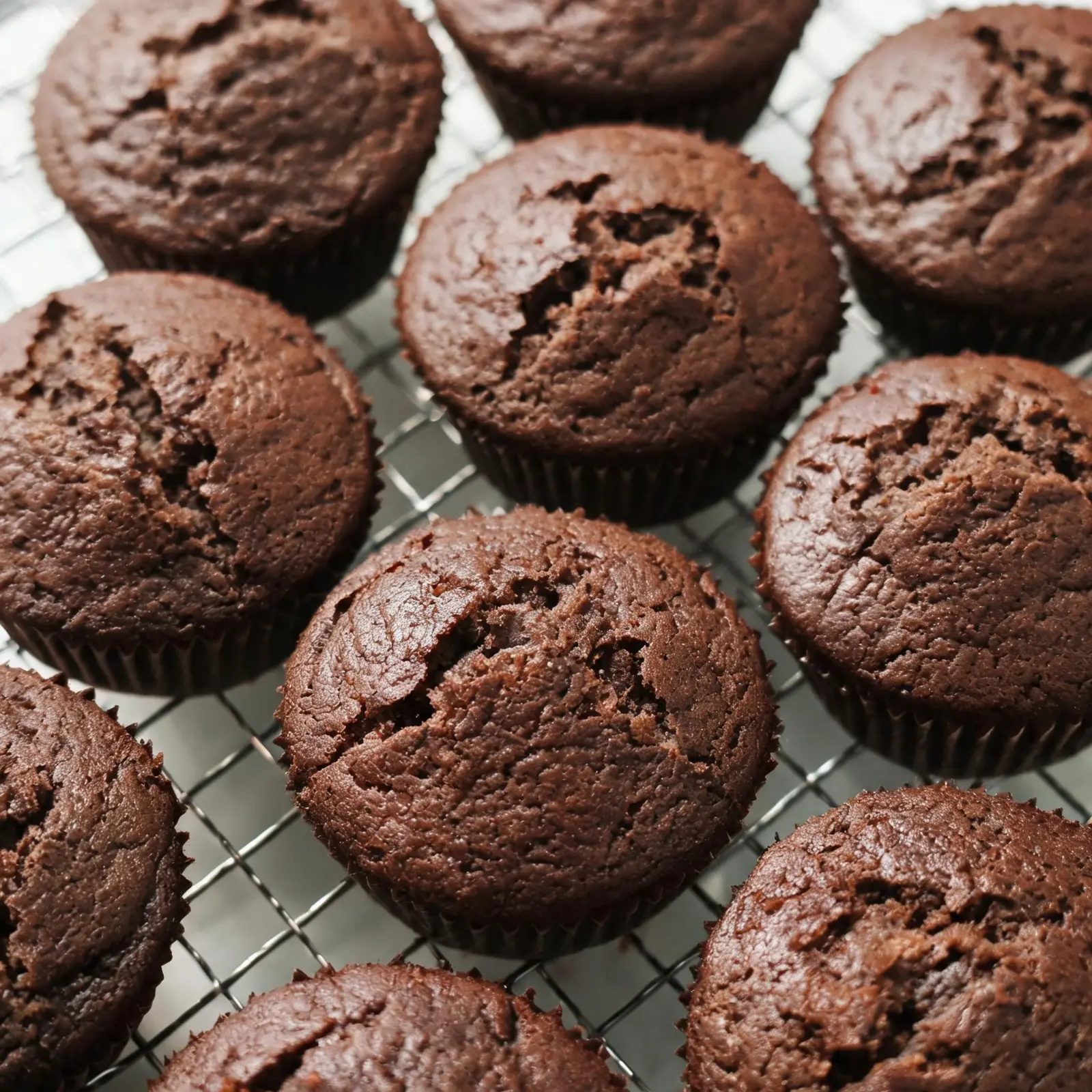 Moist one-bowl chocolate cupcakes on a cooling rack