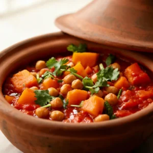 A steaming bowl of Moroccan pumpkin and chickpea tagine, garnished with fresh herbs, served with couscous