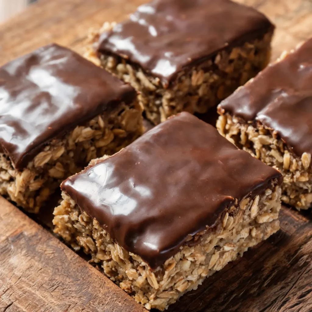 No-bake chocolate oat bars on a plate with a drizzle of chocolate sauce