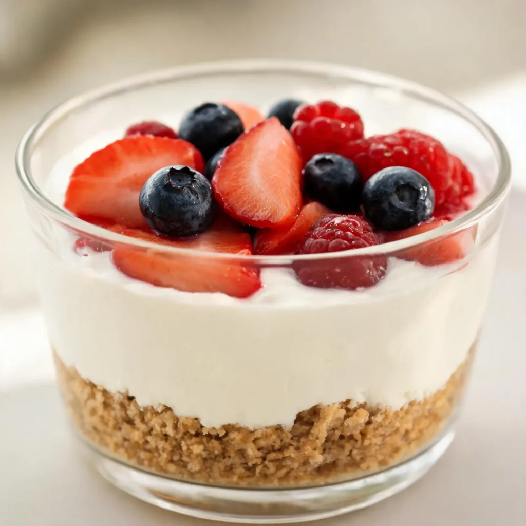 A serving of no-bake Greek yogurt berry cheesecake cups with fresh berries on top