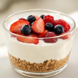 A serving of no-bake Greek yogurt berry cheesecake cups with fresh berries on top