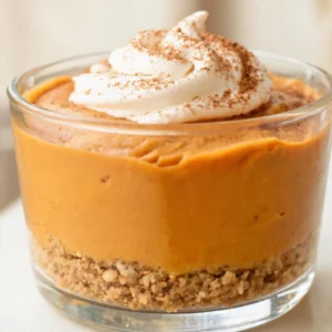 A serving of No-Bake Greek Yogurt Pumpkin Cheesecake Cups in a glass cup, topped with whipped cream and a sprinkle of cinnamon.