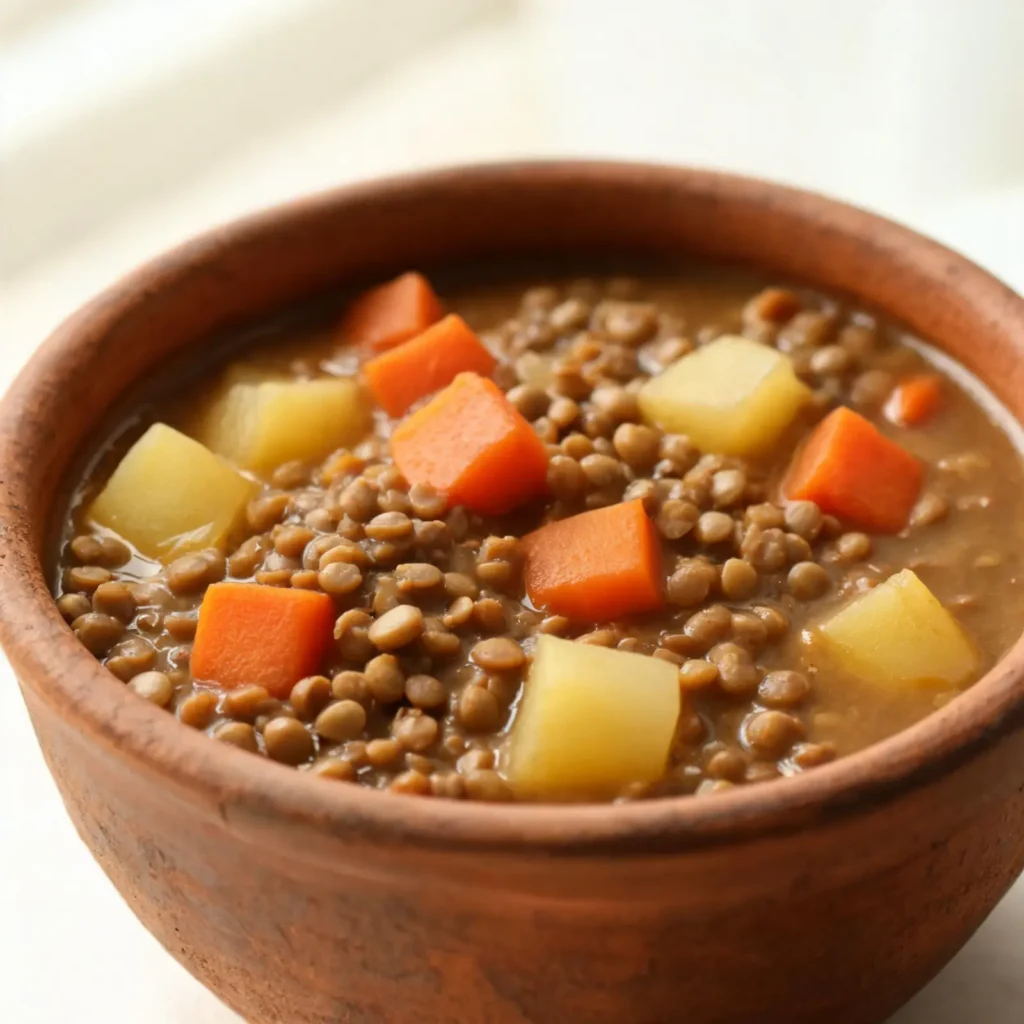 A hearty bowl of one-pot lentil and vegetable stew, garnished with fresh herbs, served on a wooden table.