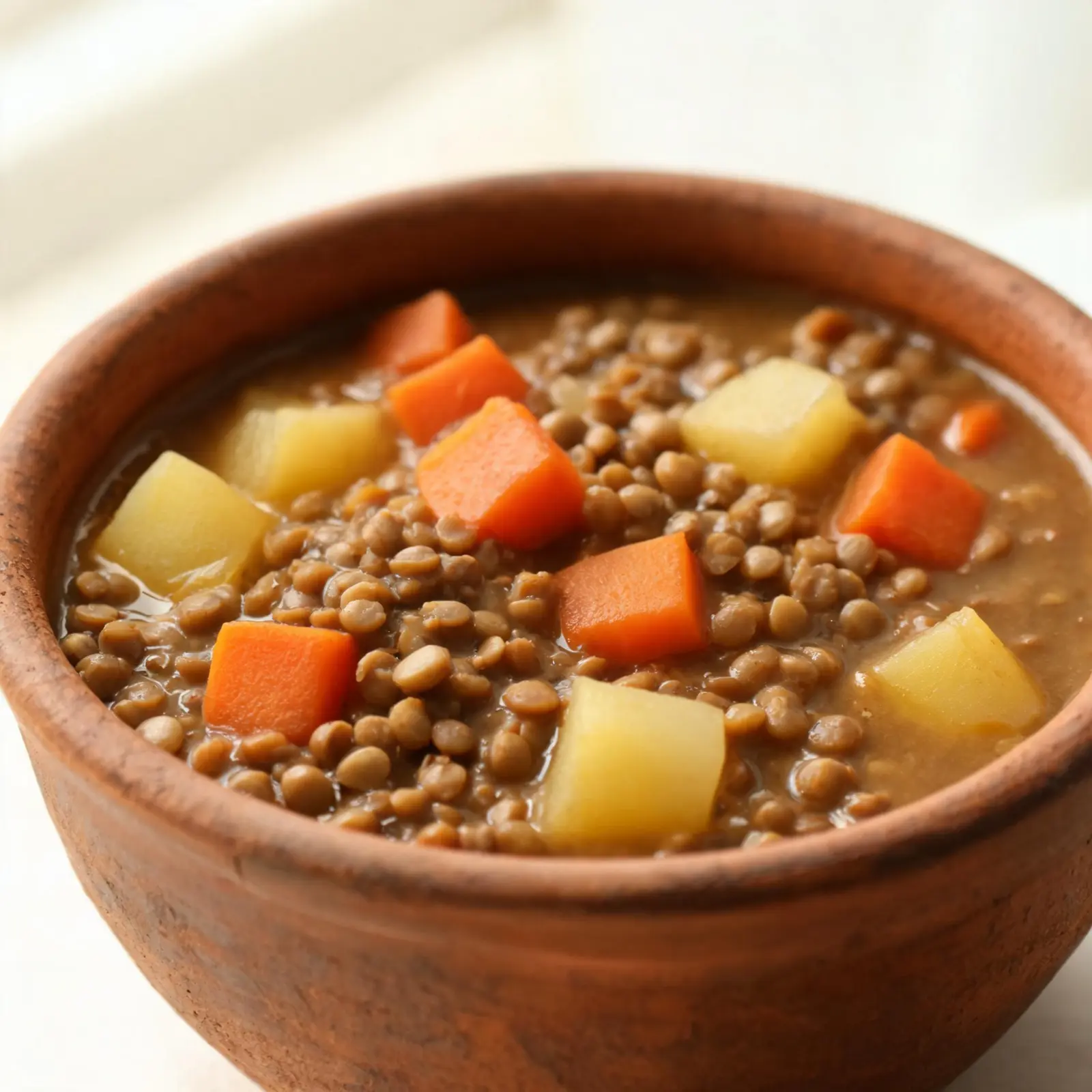 A hearty bowl of one-pot lentil and vegetable stew, garnished with fresh herbs, served on a wooden table.