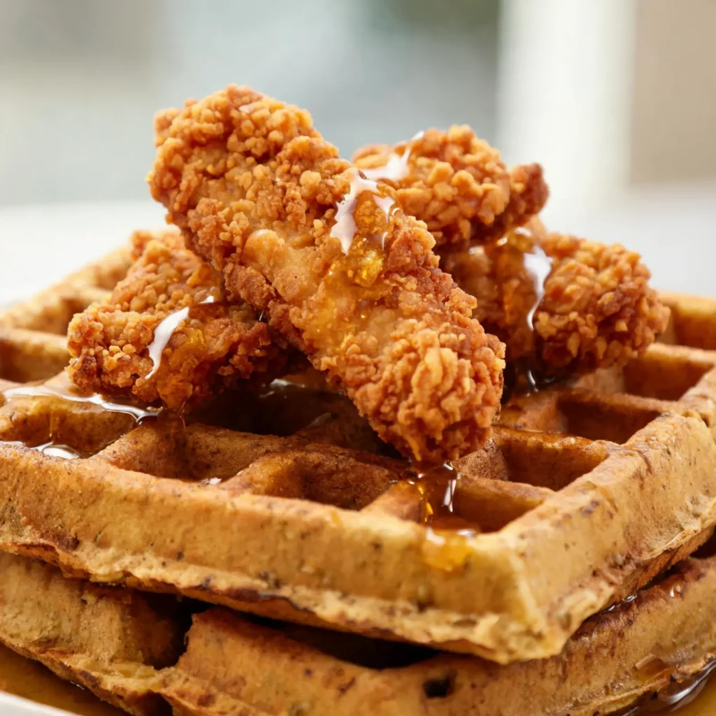 Oven-crispy chicken thighs served on top of whole-grain waffles with syrup drizzle