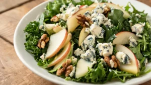 Pear walnut blue cheese salad with crumbled blue cheese and walnuts